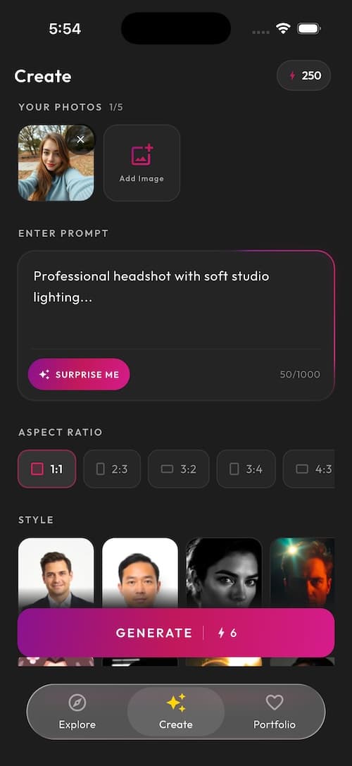 SelfAI AI photo studio app - upload selfies screen